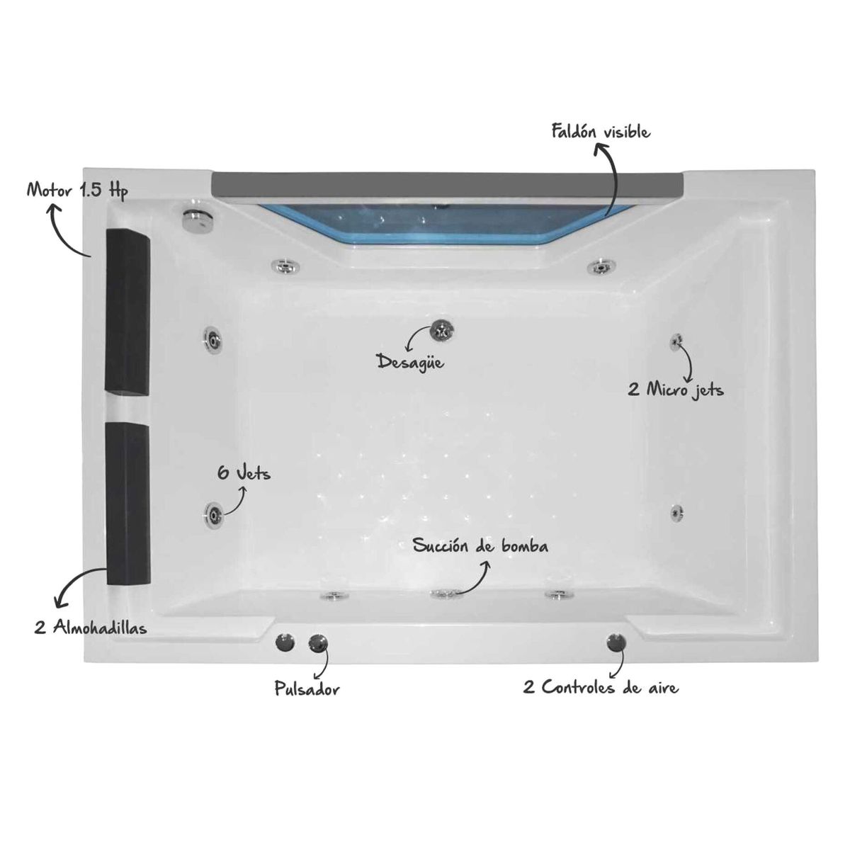 CUBA&SPA - Tina Hidromasaje Rectangular Española 170x120cm Blanca