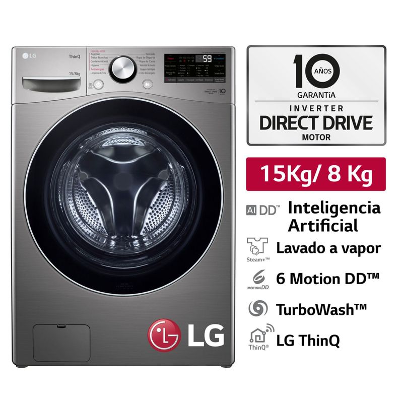 LG - Lavaseca WD15EG2S 15kg/8 Kg AI DD Carga Frontal Plateado Oscuro LG