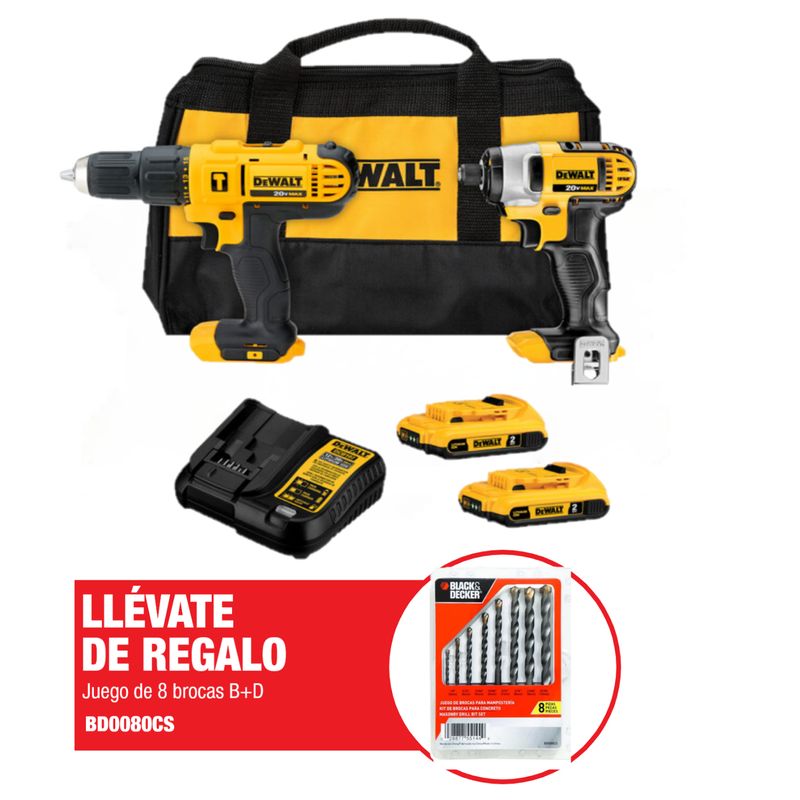 DEWALT - Taladro Percutor Dewalt 1/2" 20V + Atornillador Impacto Dewalt 1/4" 20V DCK222D2  + Regalo:  Set de Brocas BD0080CS