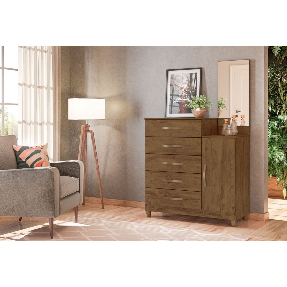 MOVAL - Cómoda 5 Cajones con Espejo Lisboa Castaño