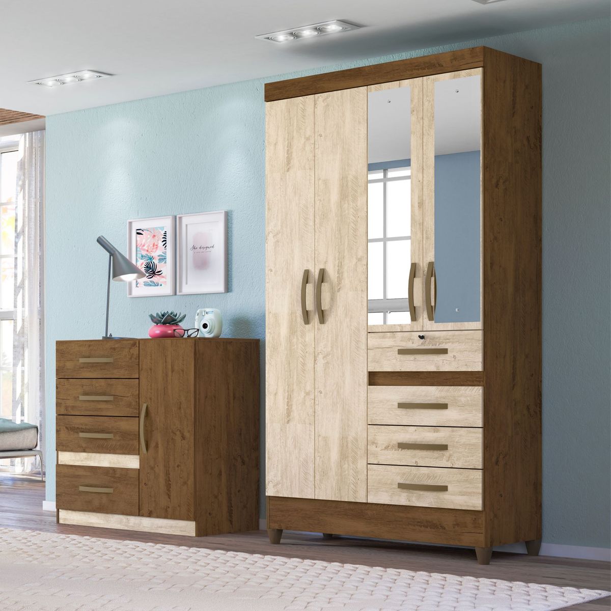 MOVAL - Ropero con Espejo 4 Puertas 4 Cajones Sobral