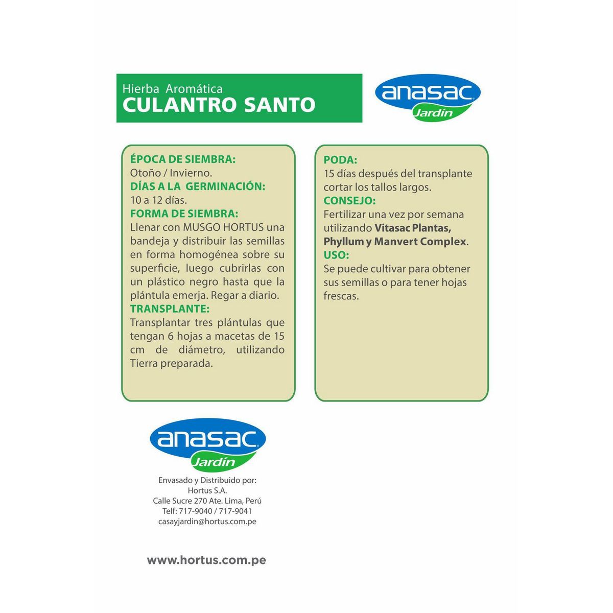 HORTUS - Semillas de Culantro Santo en Sobre 3 gr