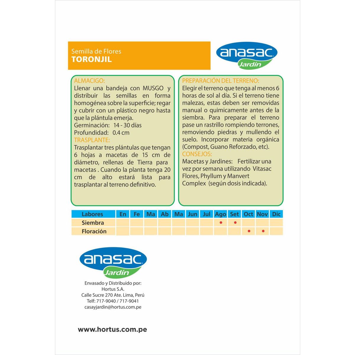 HORTUS - Semillas de Torongil en sobre 0.3 gr