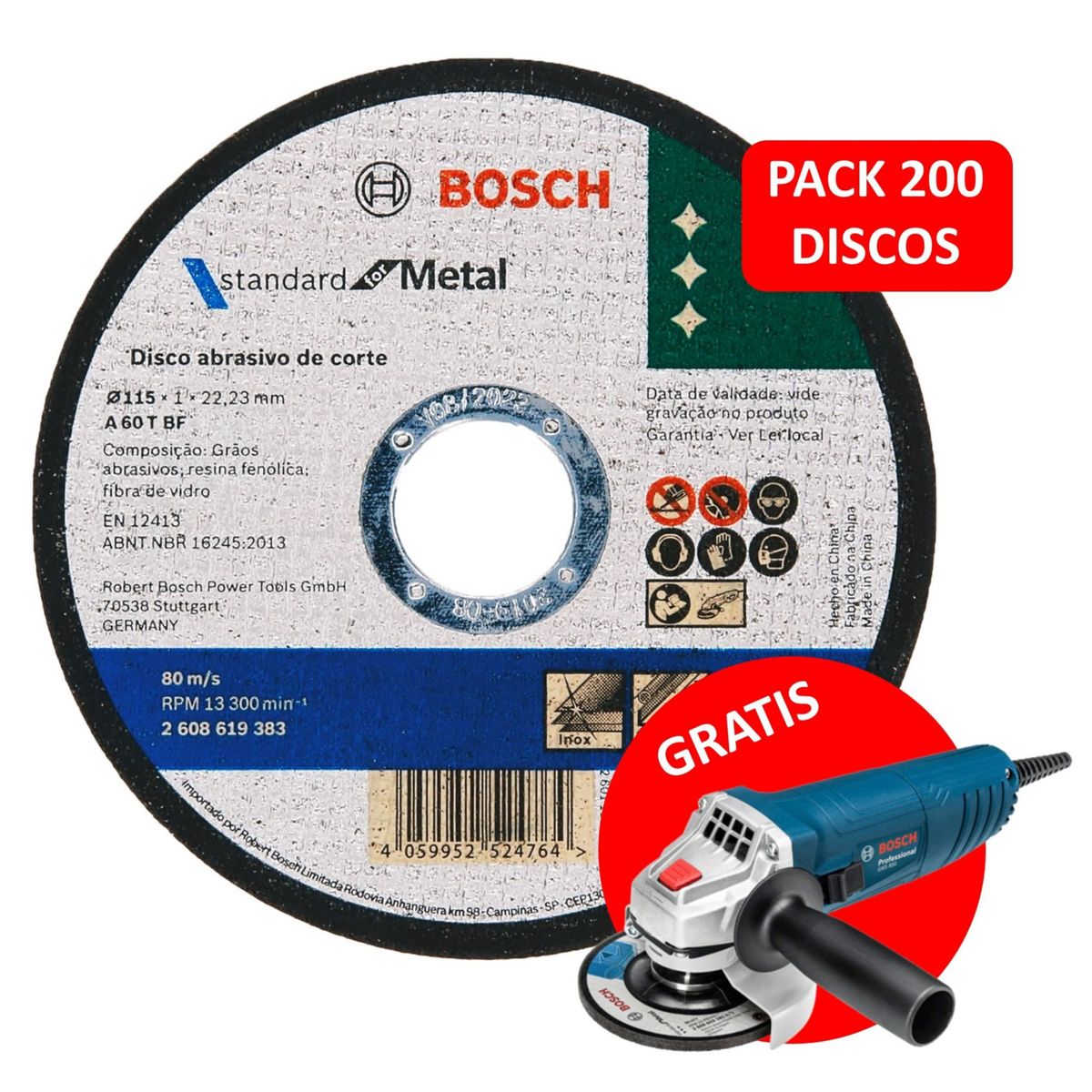 BOSCH - Pack 200 Discos de Corte para metal + Esmeril Angular 4-1/2" 850W GWS 850
