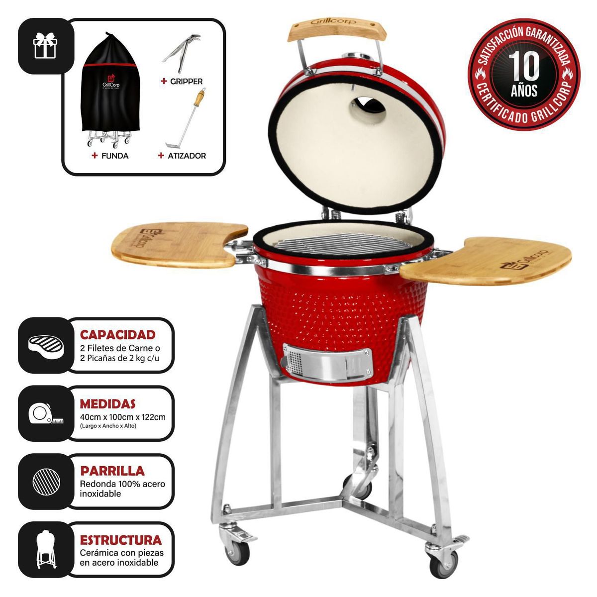 GRILLCORP - Kamado Grillcorp 16" 100x120x40cm Rojo + 2 Bandejas Laterales