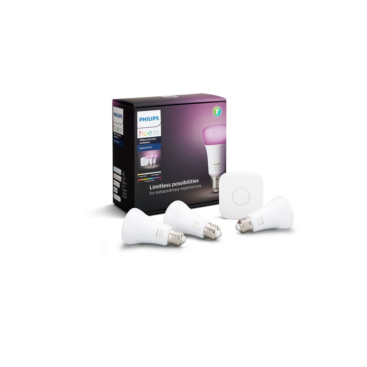 PHILIPS HUE - Hue Pack x3 Focos Kit de Inicio 9.5W E27 WCA + Bridge