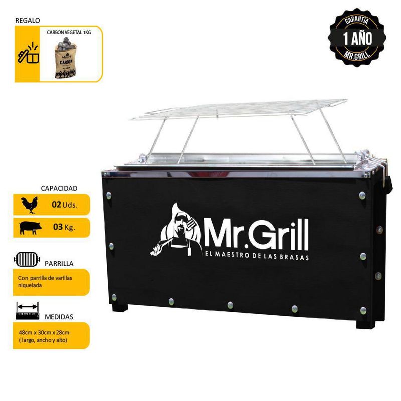 MR GRILL - Combo Caja China Mr Grill Mini 30x28x48cm Black + Parrilla de Varillas + Carbón
