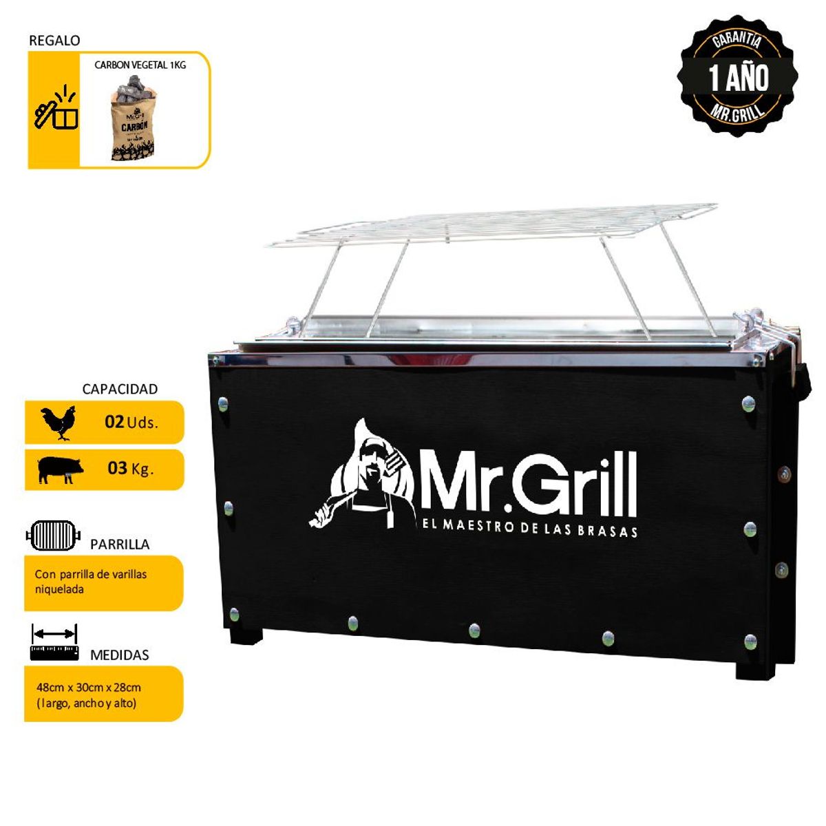 MR GRILL - Combo Caja China Mr Grill Mini 30x28x48cm Black + Parrilla de Varillas + Carbón