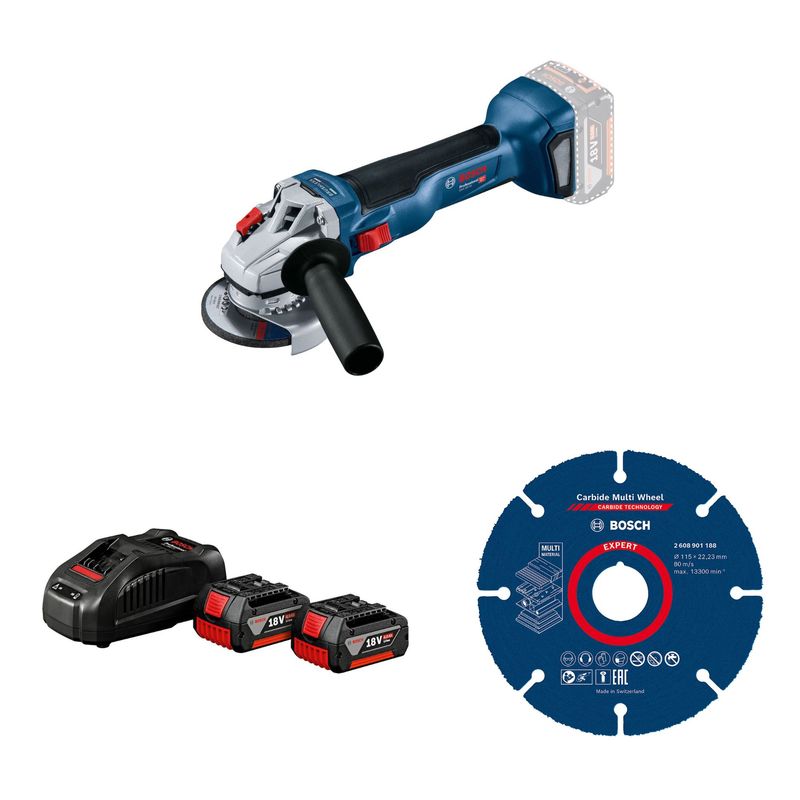 BOSCH - Amoladora Inalámbrica Bosch 18V de 5" GWS 18V-10 (Sin batería) + Disco de Corte para Amoladora 115mm Multimaterial Bosch + Kit con 2 Baterías GBA 18V 4,0Ah + 1 cargador GAL 1880 CV Bosch