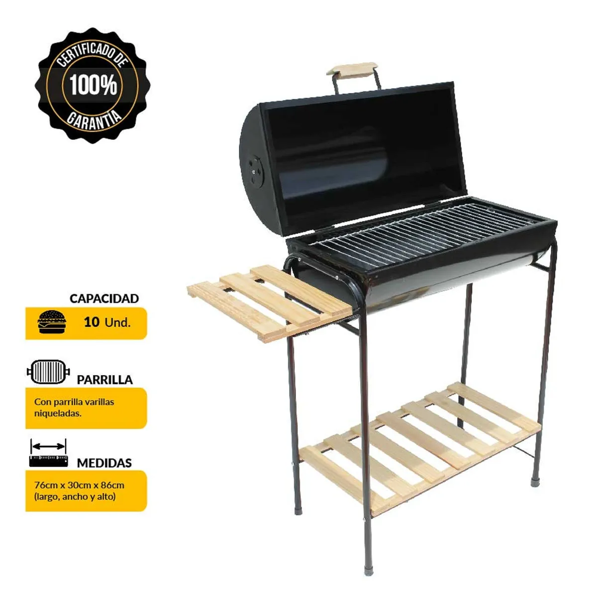 MR GRILL - Parrilla a Carbón Mr Grill Cilíndrica con Tapa 87x77cm + Mesa Lateral