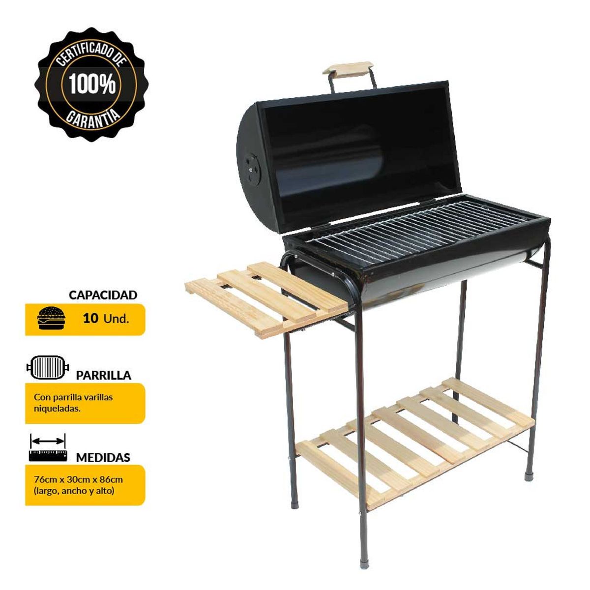 MR GRILL - Parrilla a Carbón Mr Grill Cilíndrica con Tapa 87x77cm + Mesa Lateral