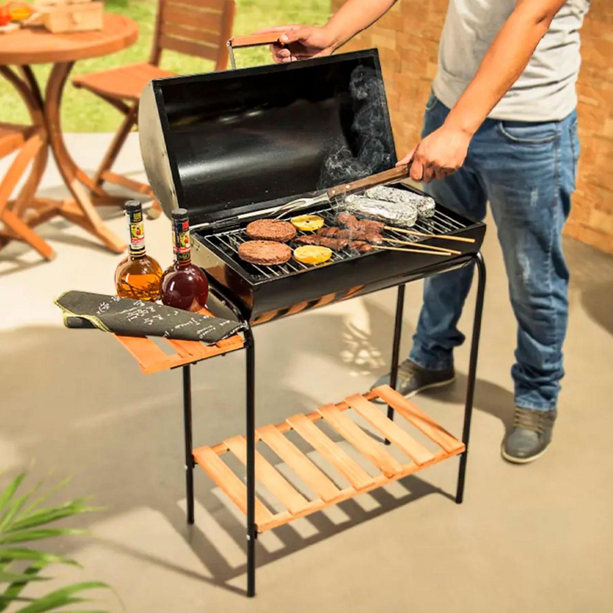 MR GRILL - Parrilla a Carbón Mr Grill Cilíndrica con Tapa 87x77cm + Mesa Lateral