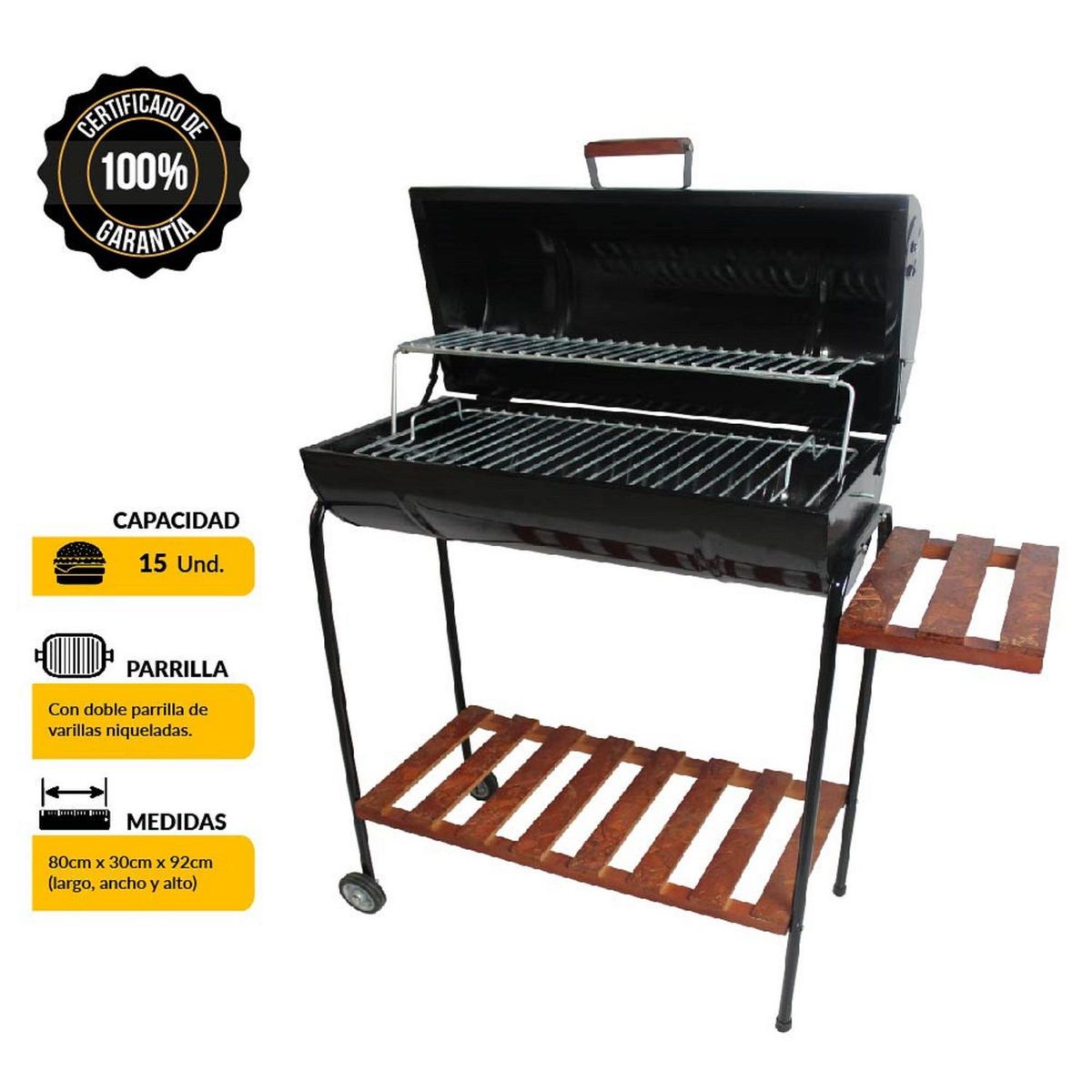 MR GRILL - Parrilla Cilíndrica Mr Grill 40x90x85 cm Deluxe con Tapa + Mesa Lateral