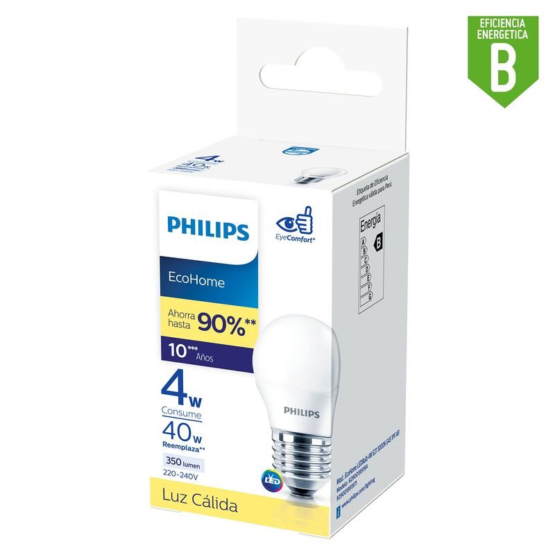 PHILIPS - Foco Led Ecohome 4W E27 G45 Luz Cálida