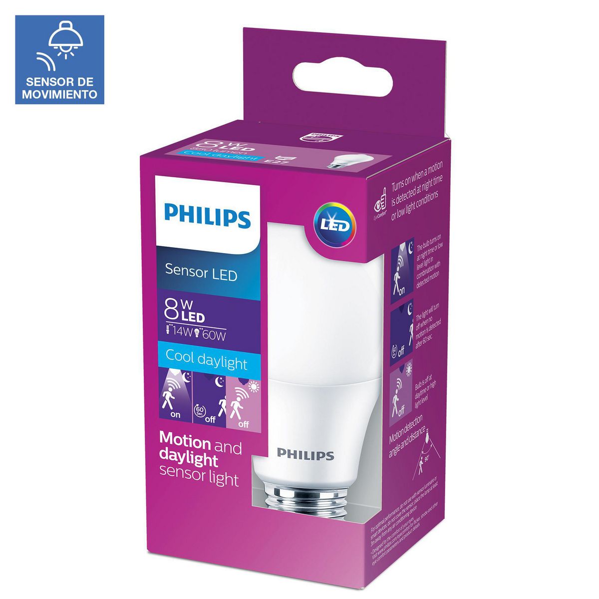PHILIPS - Foco Led con Sensor 8W E27 Luz Fría