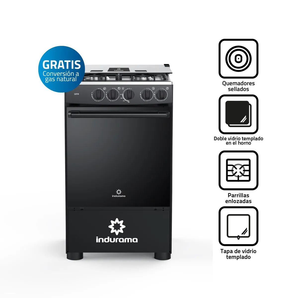 INDURAMA - Cocina a Gas Indurama 4 Hornillas Goya Negro