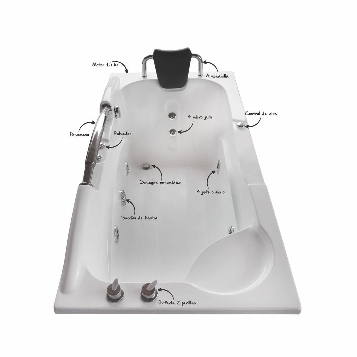 CUBA&SPA - Tina Hidromasaje Rectangular Athenea Ejecutiva 169x85cm Blanca