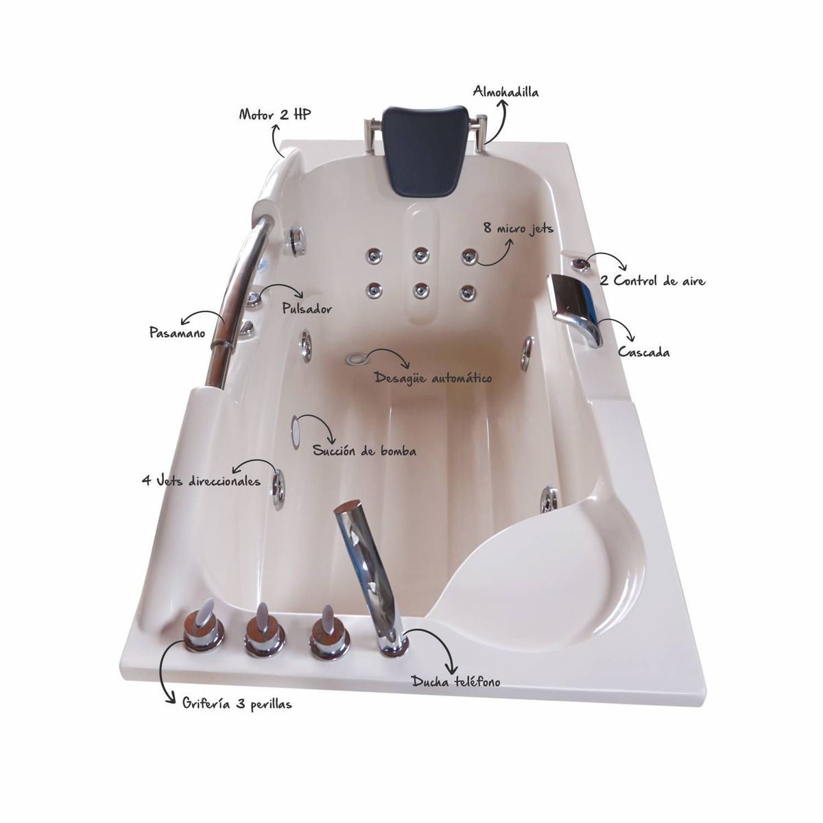 CUBA&SPA - Tina Hidromasaje Rectangular Athenea Profesional 169x85cm Bone