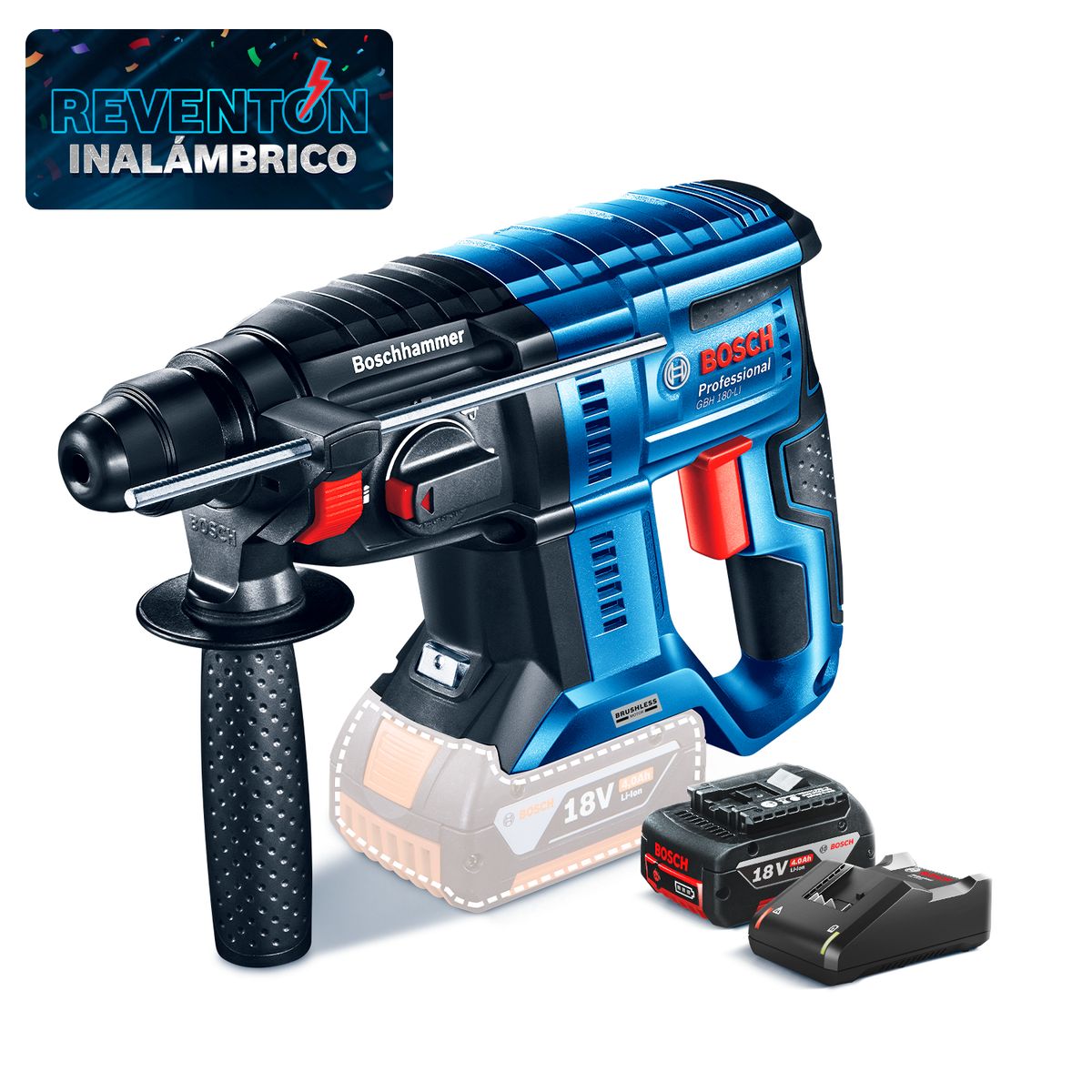 BOSCH - Rotomartillo Inalámbrico Bosch 18V GBH 180-LI Brushless (Sin batería) + Batería de Iones de Litio Bosch 18V GBA 18V 4.0Ah + Cargador GAL 18V-40 de Bosch 18V
