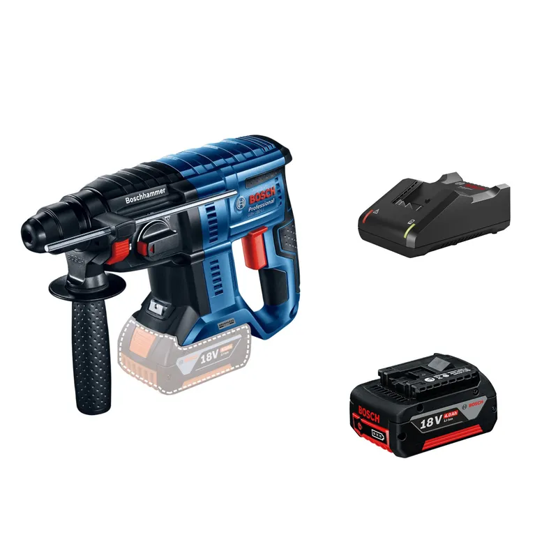BOSCH - Rotomartillo Inalámbrico Bosch 18V GBH 180-LI Brushless (Sin batería) + Batería de Iones de Litio Bosch 18V GBA 18V 4.0Ah + Cargador GAL 18V-40 de Bosch 18V