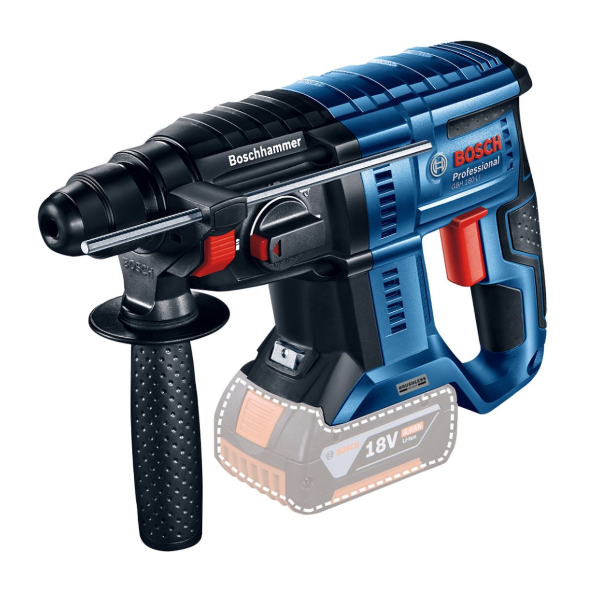 BOSCH - Rotomartillo Inalámbrico Bosch 18V GBH 180-LI Brushless (Sin batería) + Batería de Iones de Litio Bosch 18V GBA 18V 4.0Ah + Cargador GAL 18V-40 de Bosch 18V