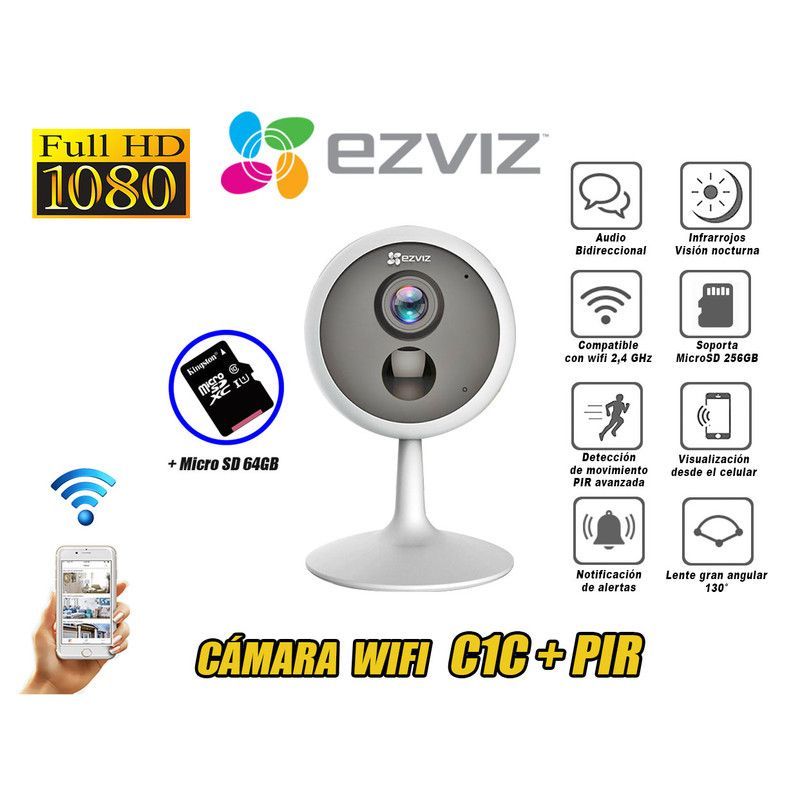 EZVIZ - Cámara de Seguridad Inalambrica con Wi-Fi Full HD con PIR C1C + MicroSD 64GB