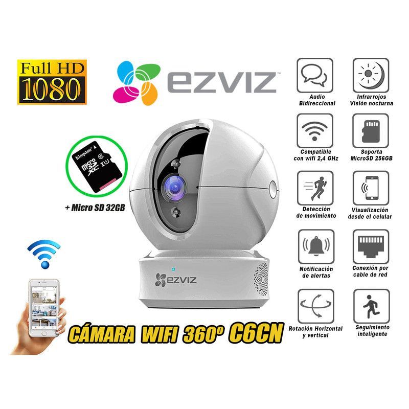 EZVIZ - Cámara Inalámbrica 360° con Wi-Fi Full HD C6CN +MicroSD 32GB