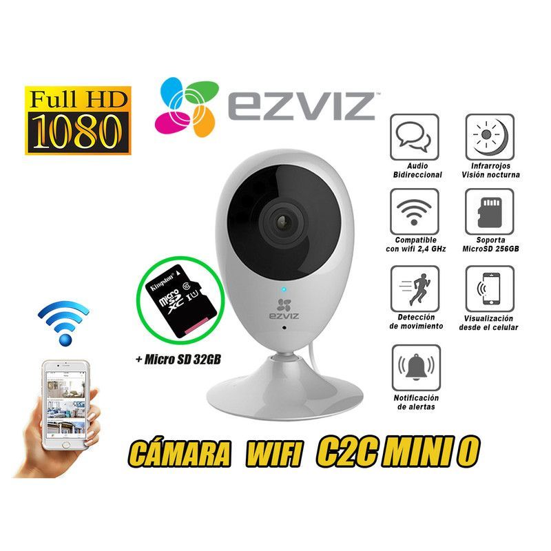 EZVIZ - Cámara de Seguridad con Audio y Wi-Fi Full HD C2C MINI 0 + MicroSD 32GB