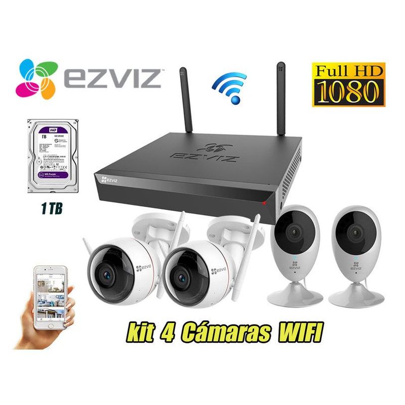 EZVIZ - Kit de 4 Cámaras de Seguridad Inalámbricas con Audio y Wi-Fi Full HD C3W/C2C + Disco 1TB