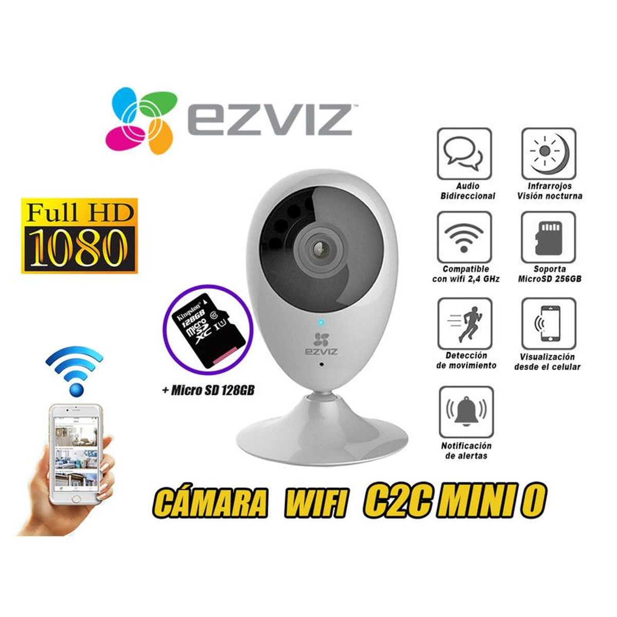 EZVIZ - Cámara de Seguridad con Audio y Wi-Fi Full HD C4W DOMO + MicroSD 128GB