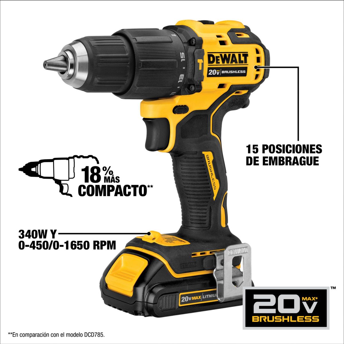 DEWALT - Taladro Percutor Inalámbrico Dewalt 1/2" 20V BRUSHLESS ATOMIC DCD709D2