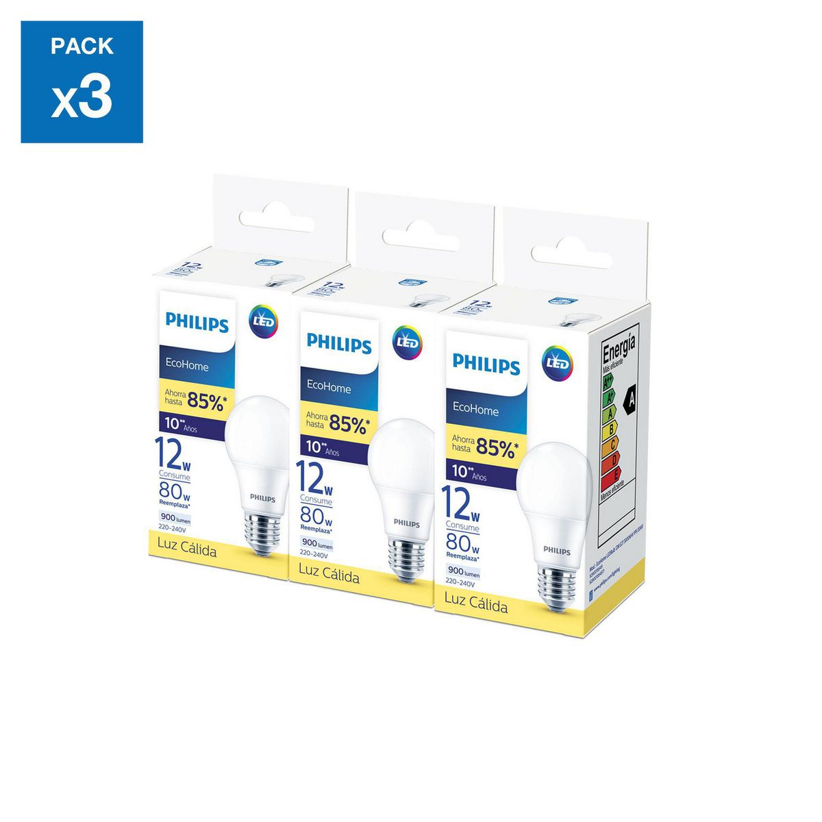 PHILIPS - Set x3 Focos Ecohome LED Bulbo 12W Luz Cálida
