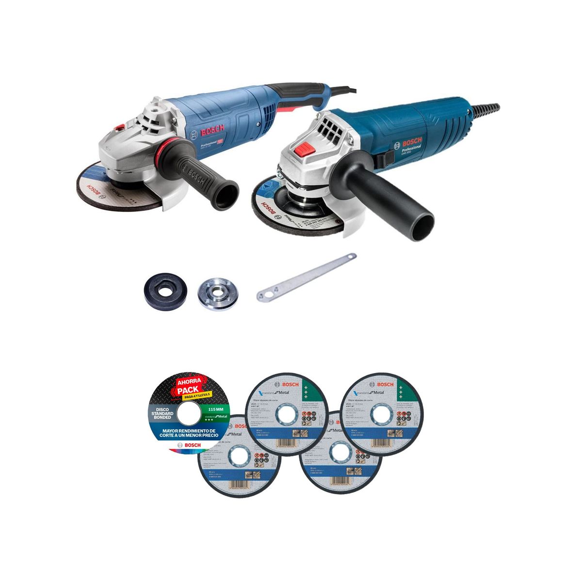 BOSCH - Amoladora Eléctrica Bosch 180mm 2500W + Amoladora Bosch Gws 850 + Pro Pack Disco de Corte Acero 4.5 115x1.0mm
