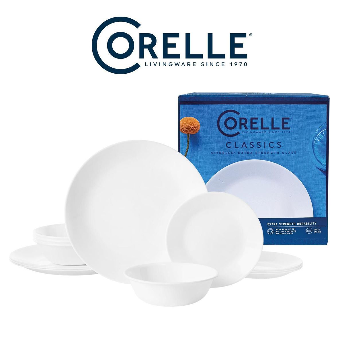CORELLE - Juego de vajillas Vidrio Corelle Blanco 12 Piezas