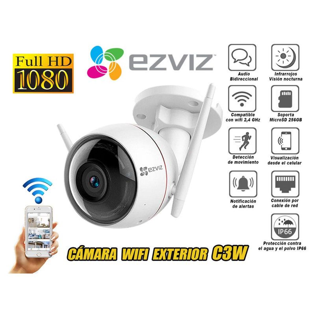 EZVIZ - Cámara de Seguridad Exterior con Wi-Fi Full HD 1080p Tubo C3W