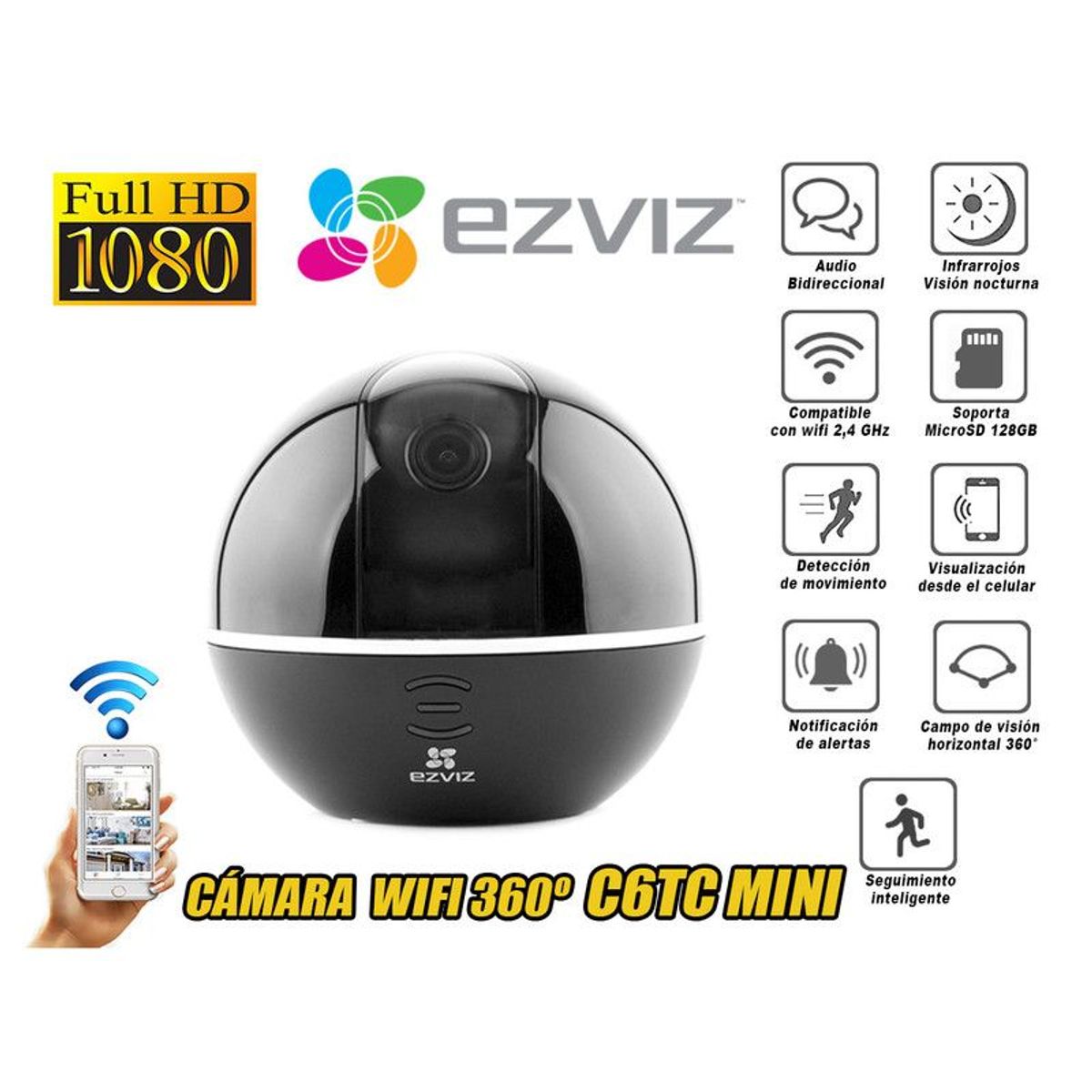 EZVIZ - Cámara de Seguridad Inalámbrica 360° con Wi-Fi Full HD C6TC Negro