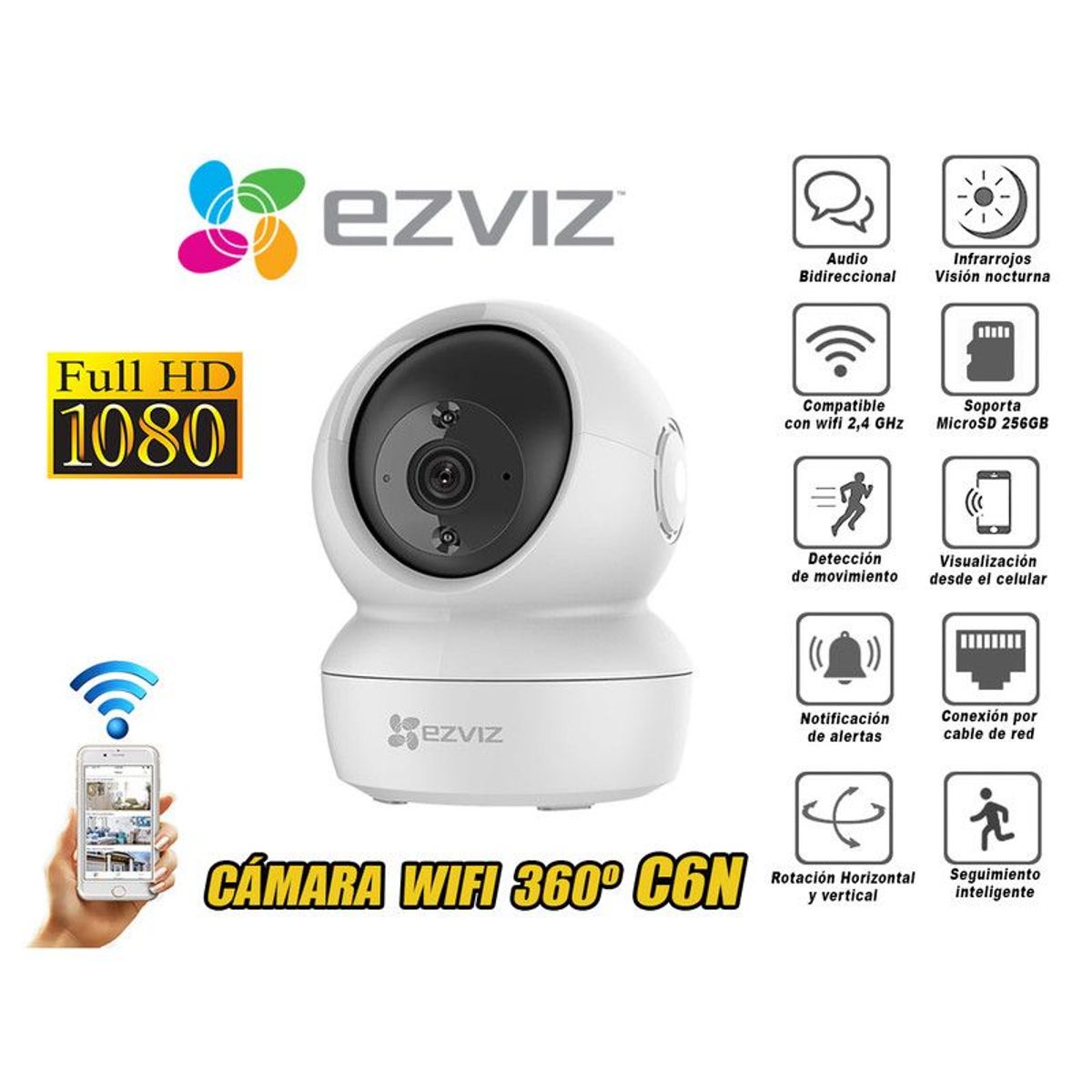 EZVIZ - Cámara de Seguridad Inalámbrica 360° con Wi-Fi Full HD C6N