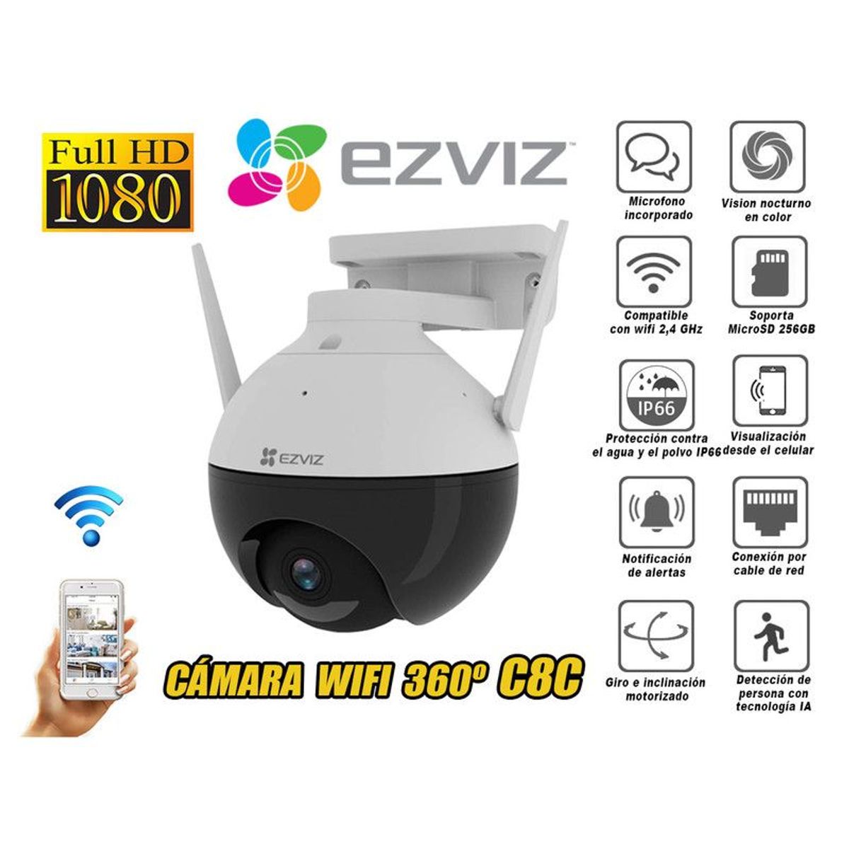 EZVIZ - Cámara de Seguridad Inalámbrica Exterior 360° con Wi-Fi Full HD C6N