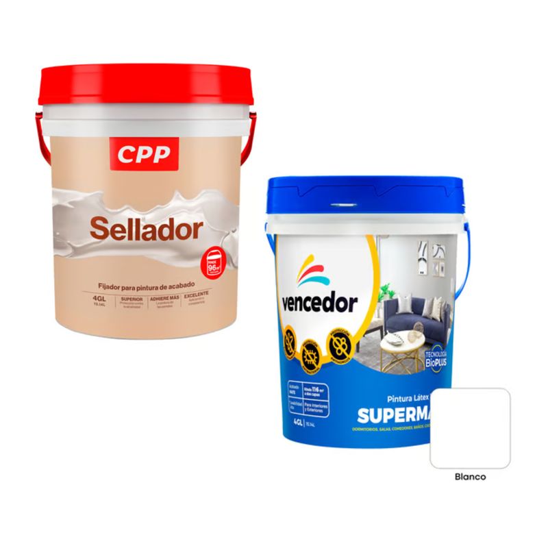  - Sellador Cpp Blanco 4gl + Supermate Vencedor Blanco Antibacterial Decorativo 4GL