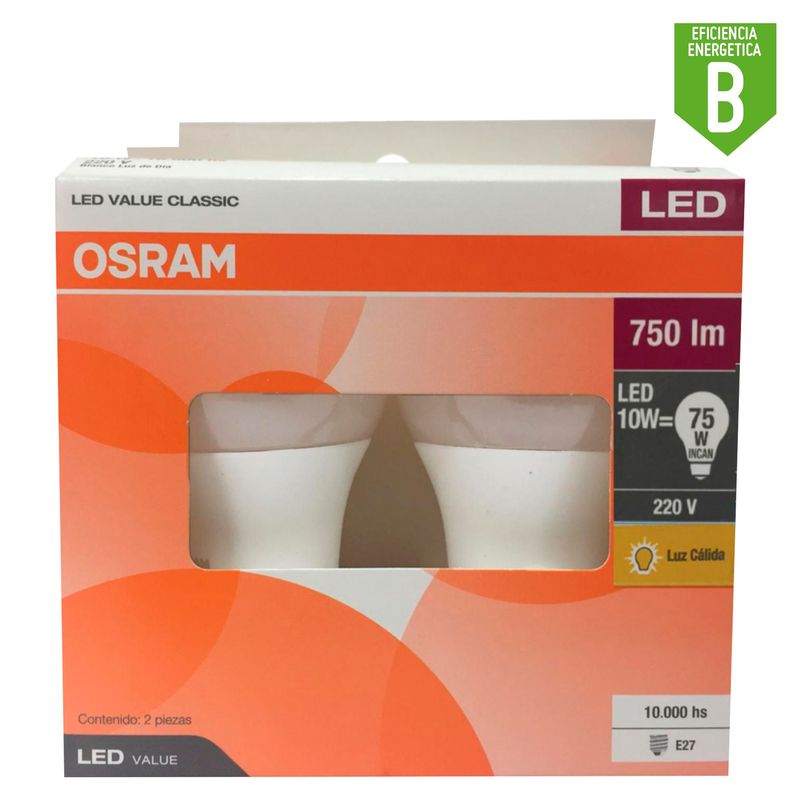 OSRAM - Pack x2 Focos Led A60 10W  Luz Cálida