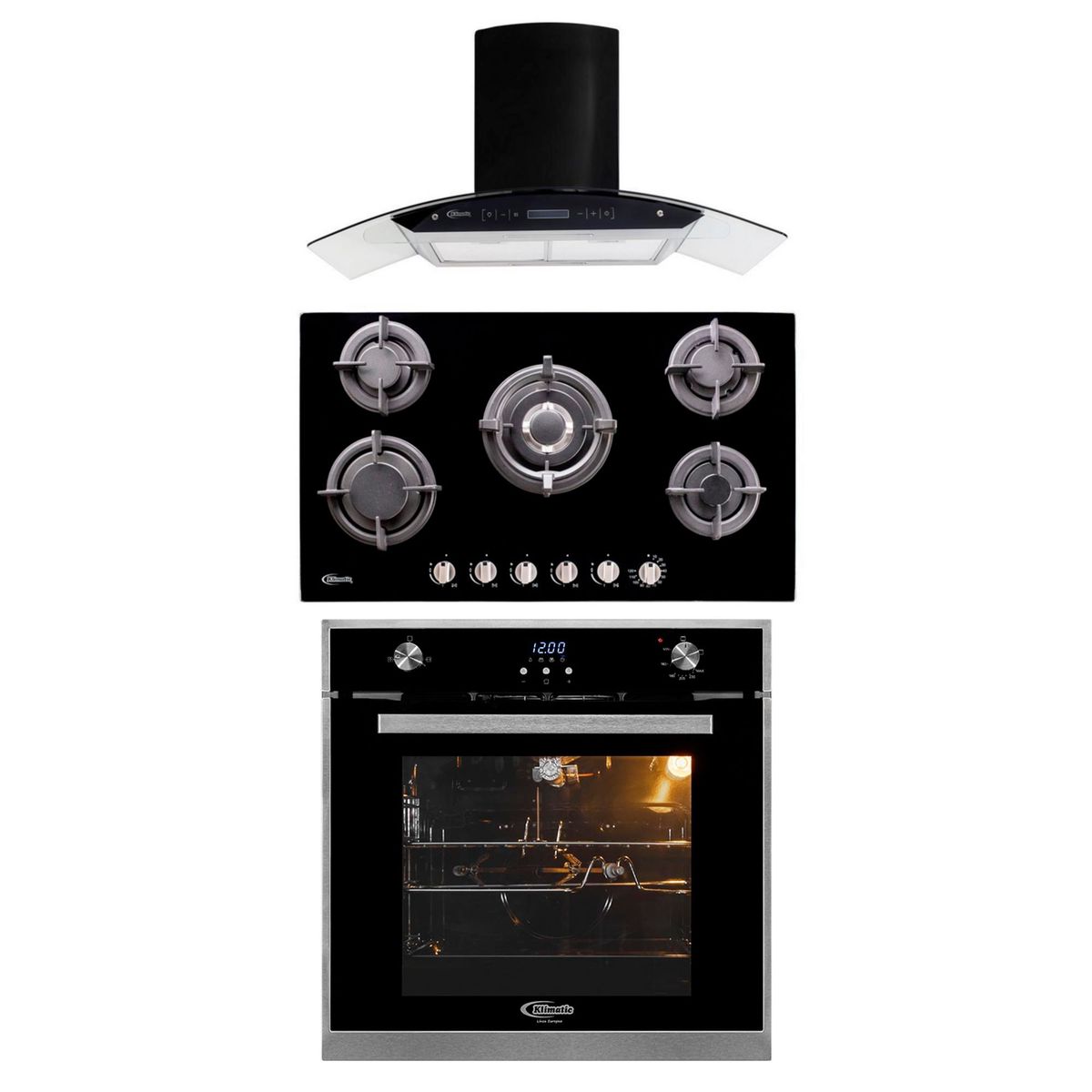 KLIMATIC - Tricombo Cocina Empotrable Gina X+ Campana Extractora Venezia Black + Horno a Gas Francfort