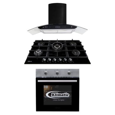 Tricombo Klimatic Cocina Empotrable 5 Hornillas Aosta 90 + Campana Decorativa 90cm Venezia Black + Horno a Gas 60 Lt Lubeck BC