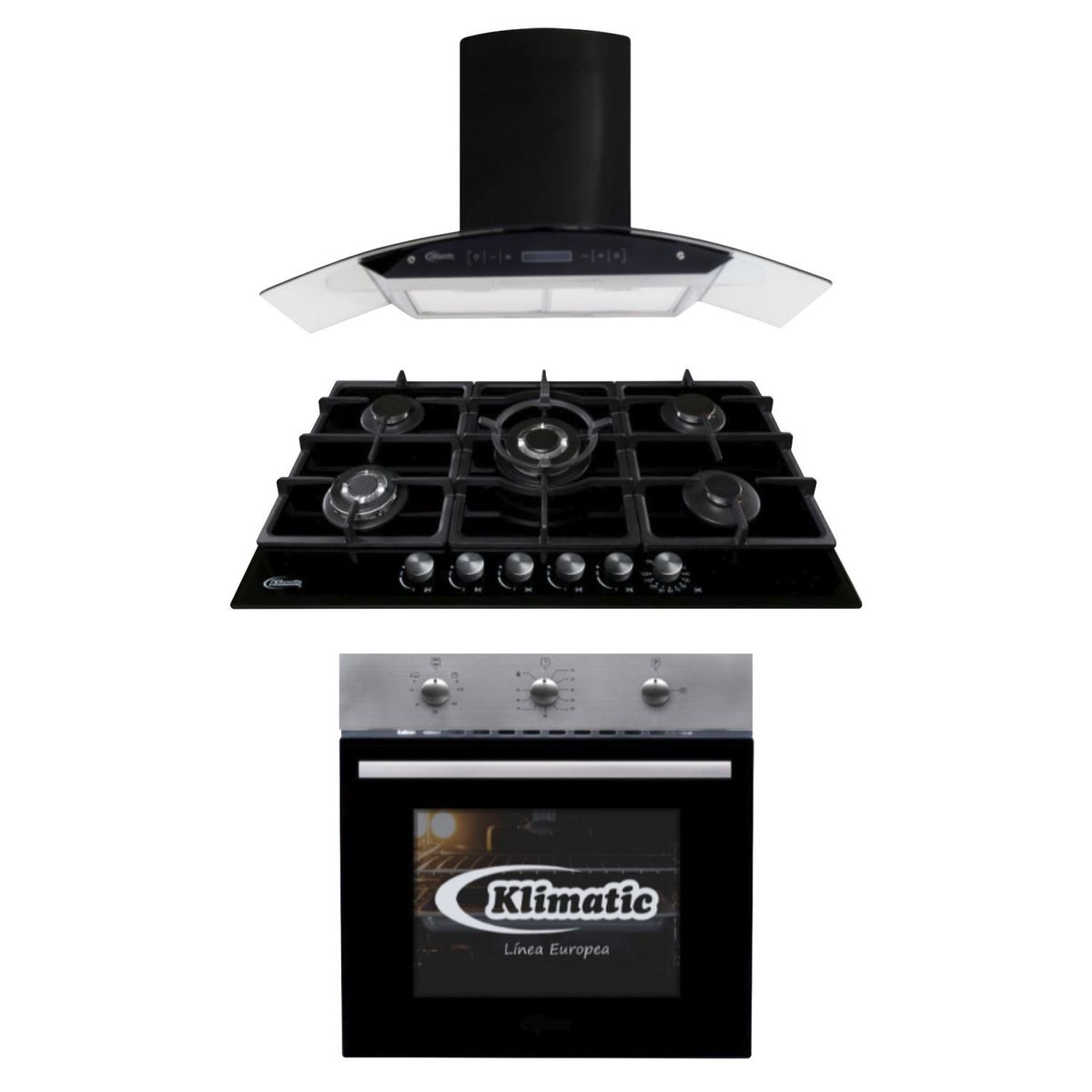 KLIMATIC - Tricombo Klimatic Cocina Empotrable 5 Hornillas Aosta 90 + Campana Decorativa 90cm Venezia Black + Horno a Gas 60 Lt Lubeck BC