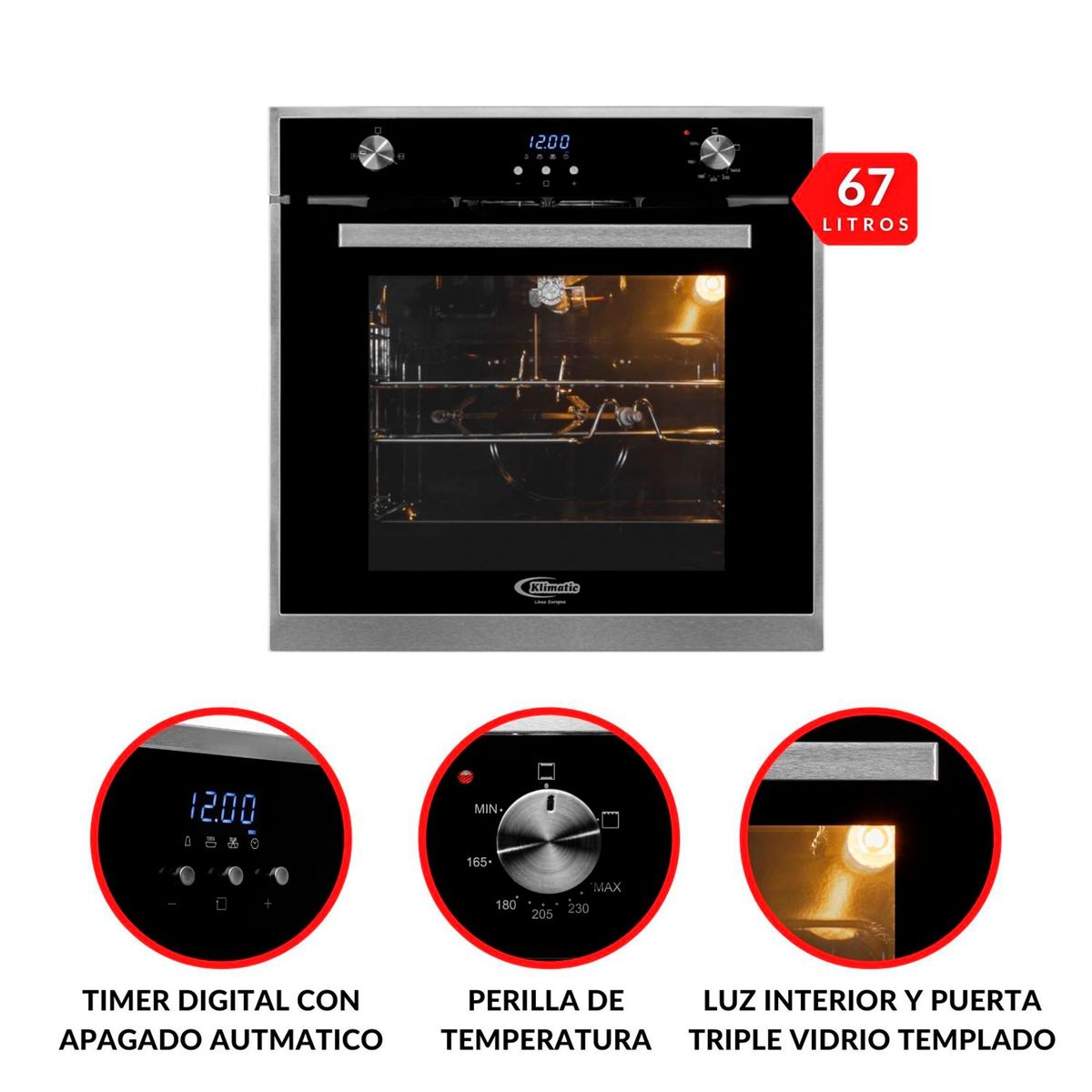 KLIMATIC - Tricombo Cocina Empotrable Aosta 90cm + Campana Extractora Venezia Black + Horno Francfor