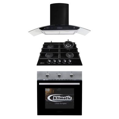 Tricombo Klimatic Cocina Empotrable 4 Hornillas Aosta 60 + Campana Decorativa 90cm Venezia Black + Horno a Gas 60 Lt Lubeck BC
