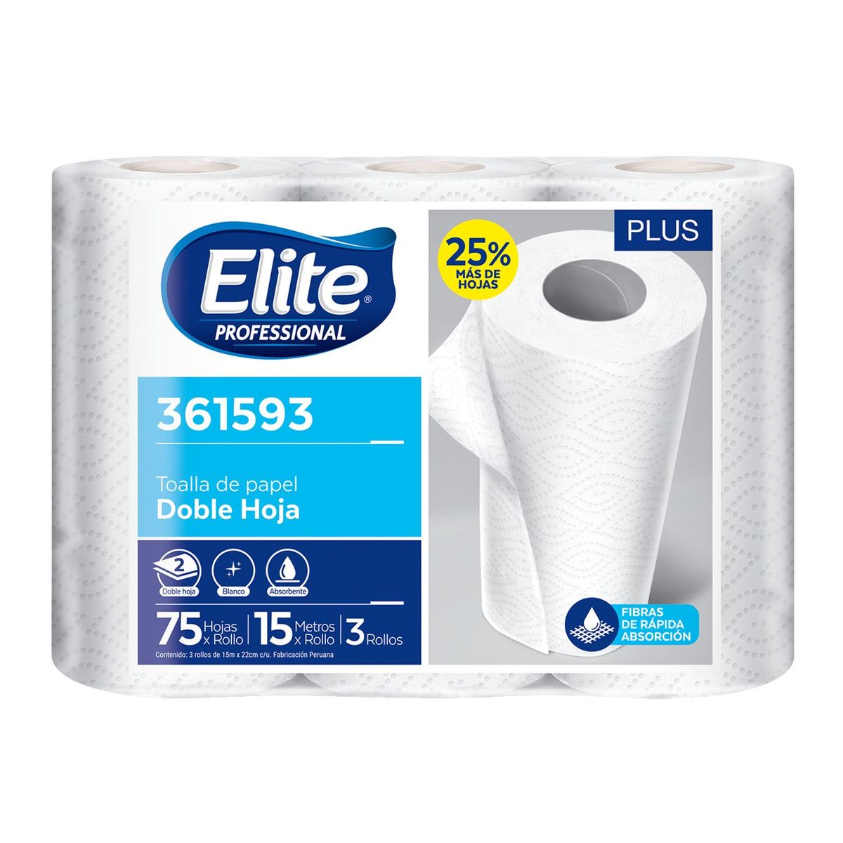 ELITE PROFESSIONAL - Papel Toalla Doble Hoja Elite 3 Rollos 15 M