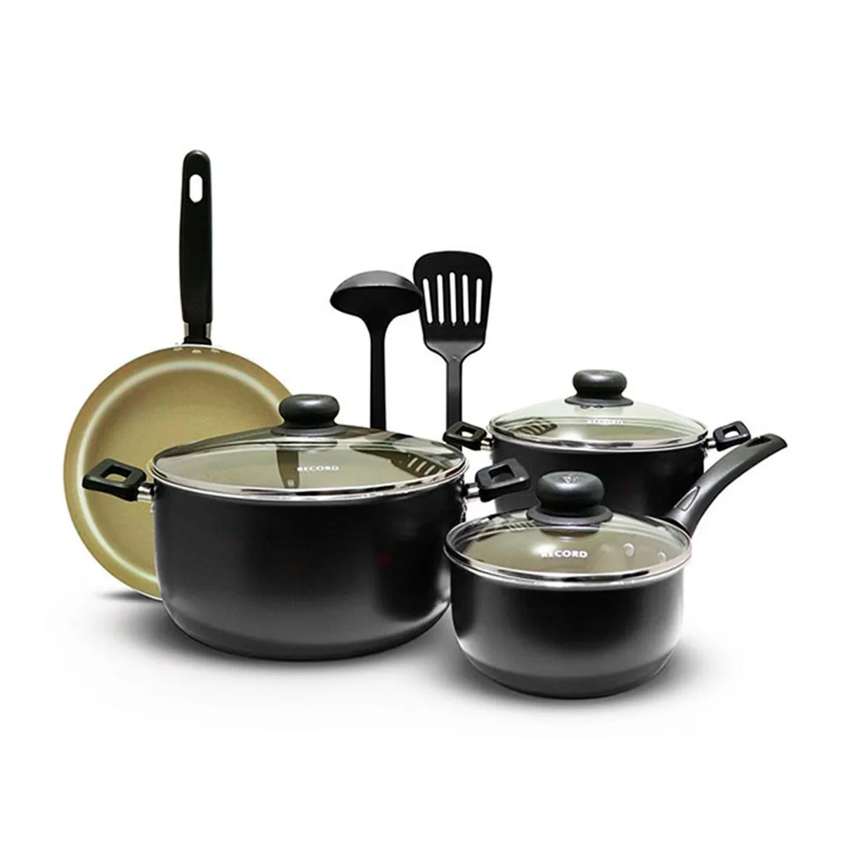 RECORD - Juego de Ollas Antiadherente Negro 9 Piezas + Utensilios de Nylon