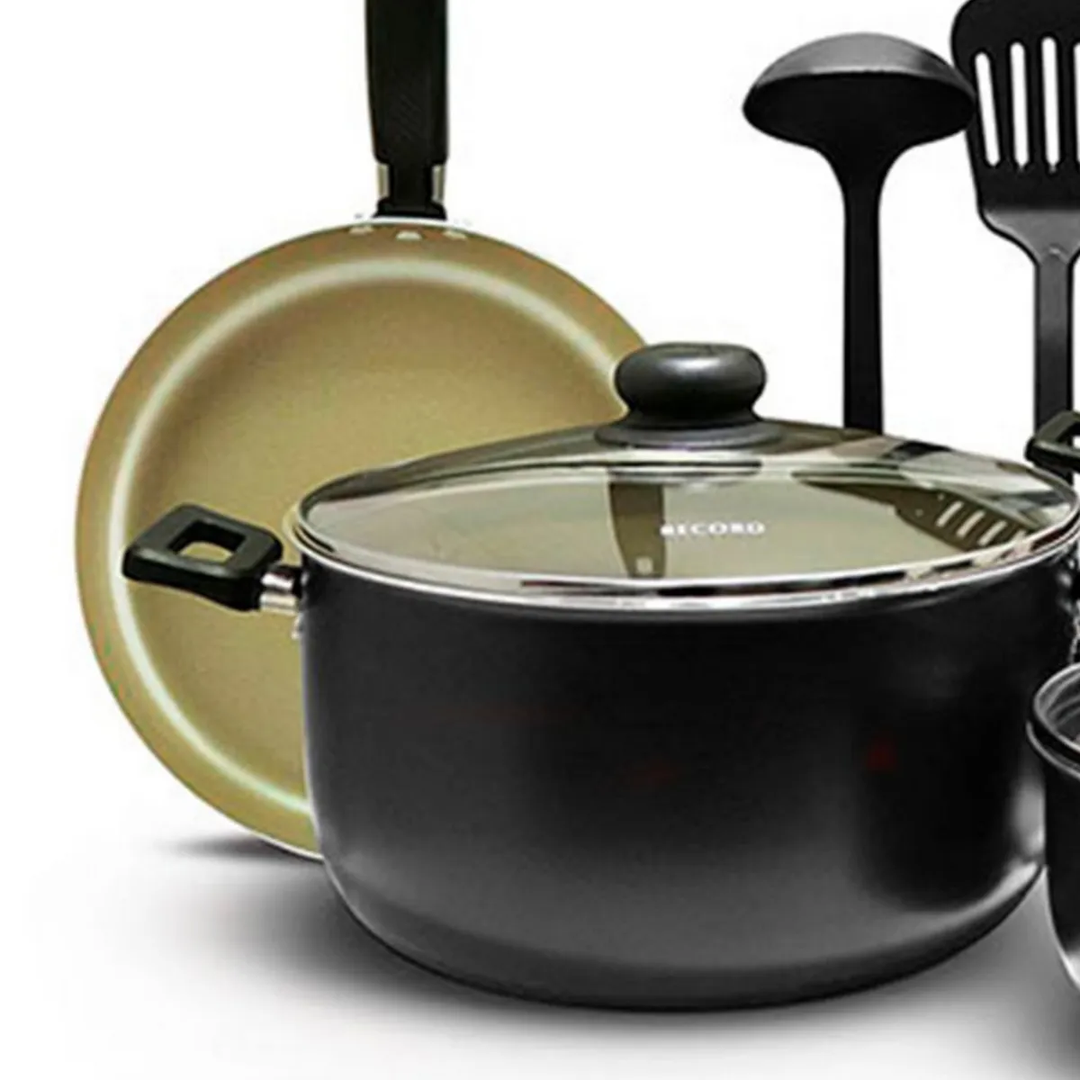 RECORD - Juego de Ollas Antiadherente Negro 9 Piezas + Utensilios de Nylon
