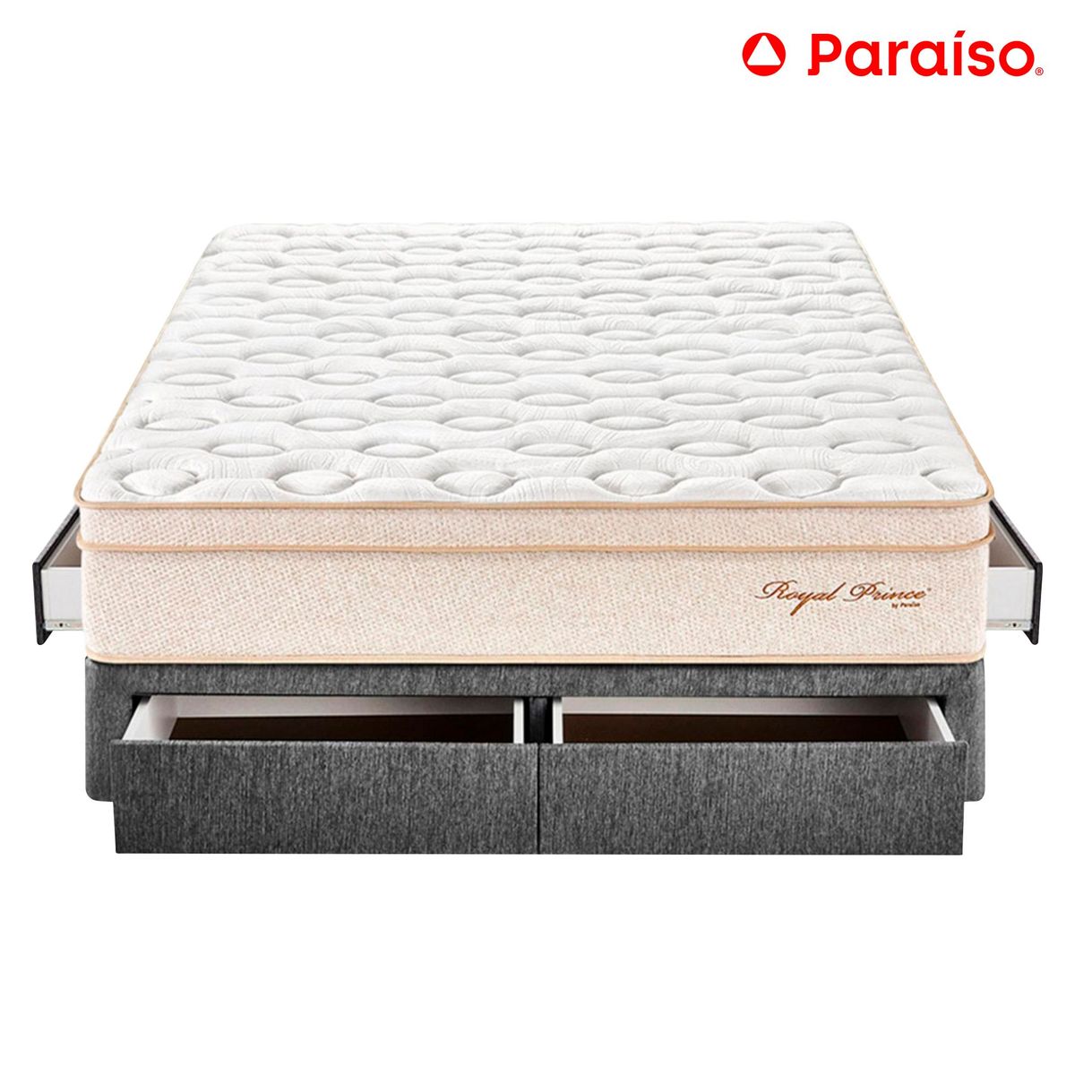 PARAISO - Cama con Cajones Paraíso Royal Prince 2 Plazas Gris + Colchón + 2 Almohadas + Protector
