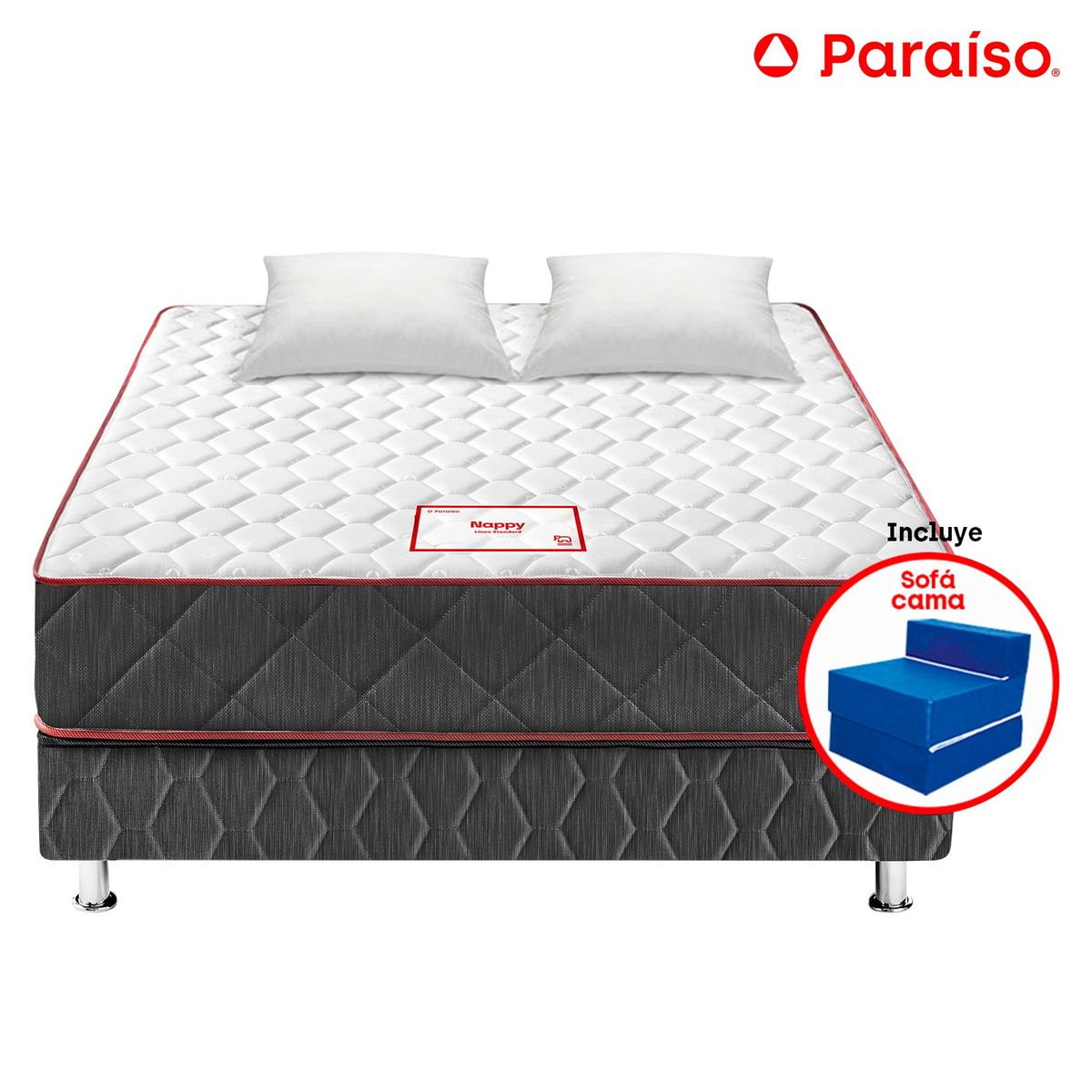 PARAISO - Cama Paraíso Nappy 2 Plazas + Colchón + 2 Almohadas + Protector + Sofá Cama